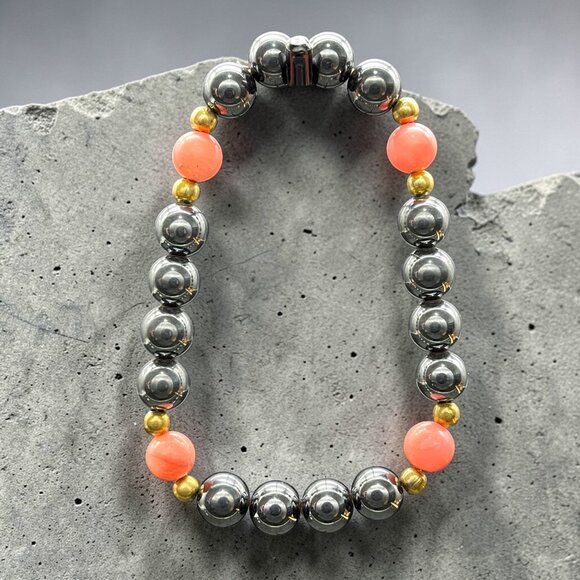 Black Hematite Coral Agate Stretch Bracelet | Handmade - Picture 3 of 6